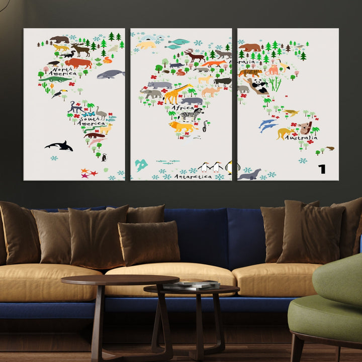 Educational Animal World Map Canvas Print Large Wall Art Giclee Printing for Kids Room Decor