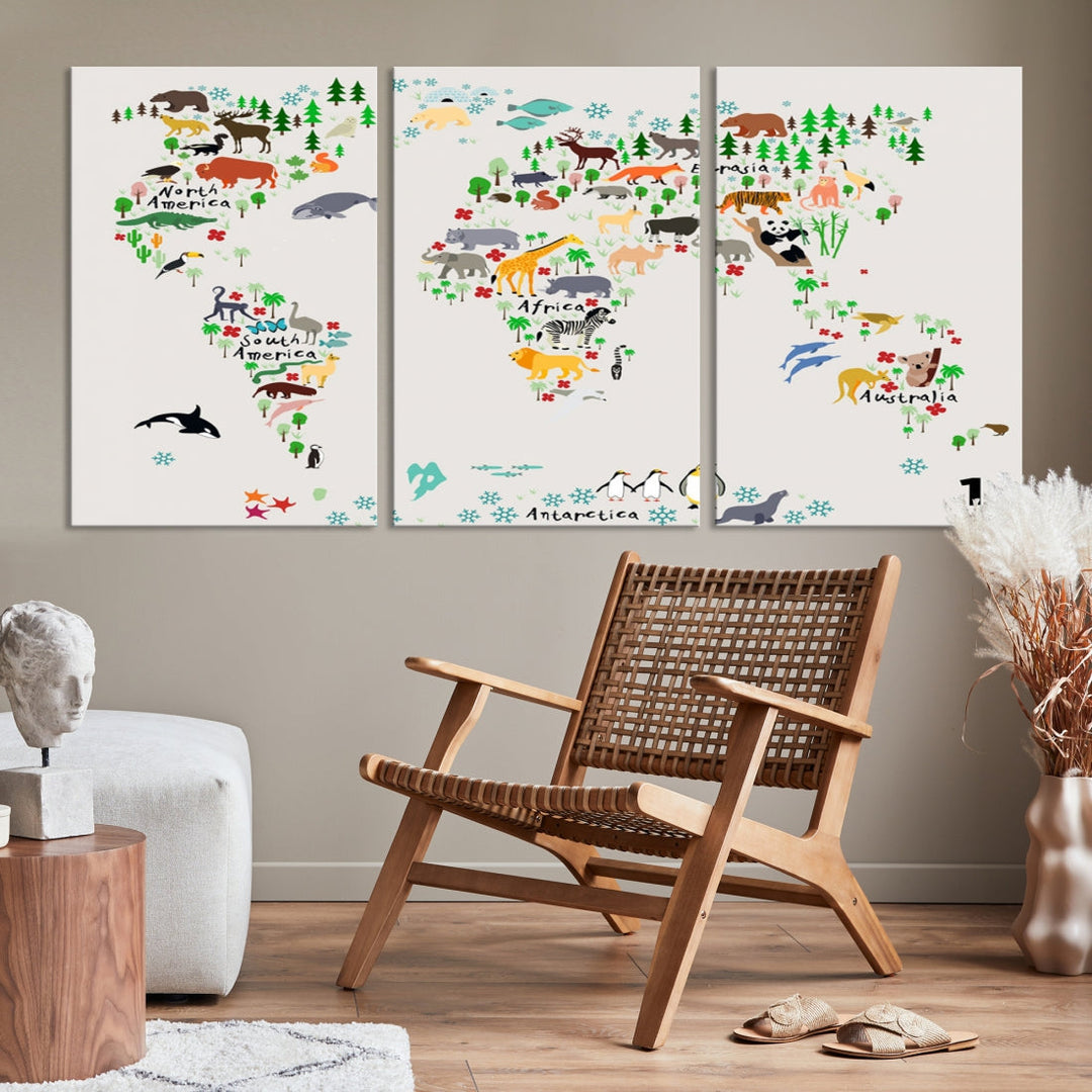 Educational Animal World Map Canvas Print Large Wall Art Giclee Printing for Kids Room Decor