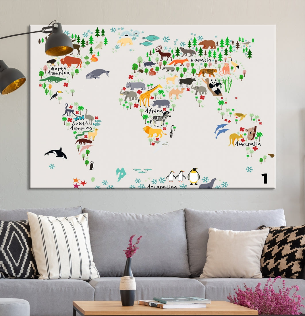 Educational Animal World Map Canvas Print Large Wall Art Giclee Printing for Kids Room Decor