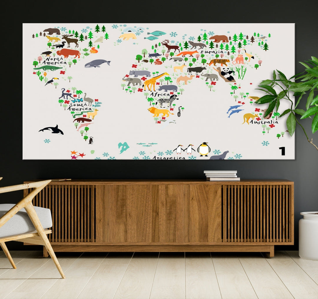 Educational Animal World Map Canvas Print Large Wall Art Giclee Printing for Kids Room Decor