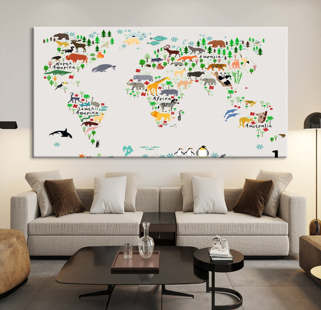 Educational Animal World Map Canvas Print Large Wall Art Giclee Printing for Kids Room Decor