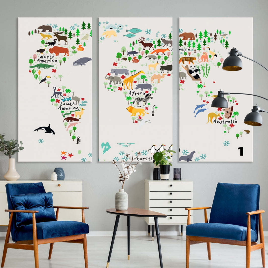 Educational Animal World Map Canvas Print Large Wall Art Giclee Printing for Kids Room Decor