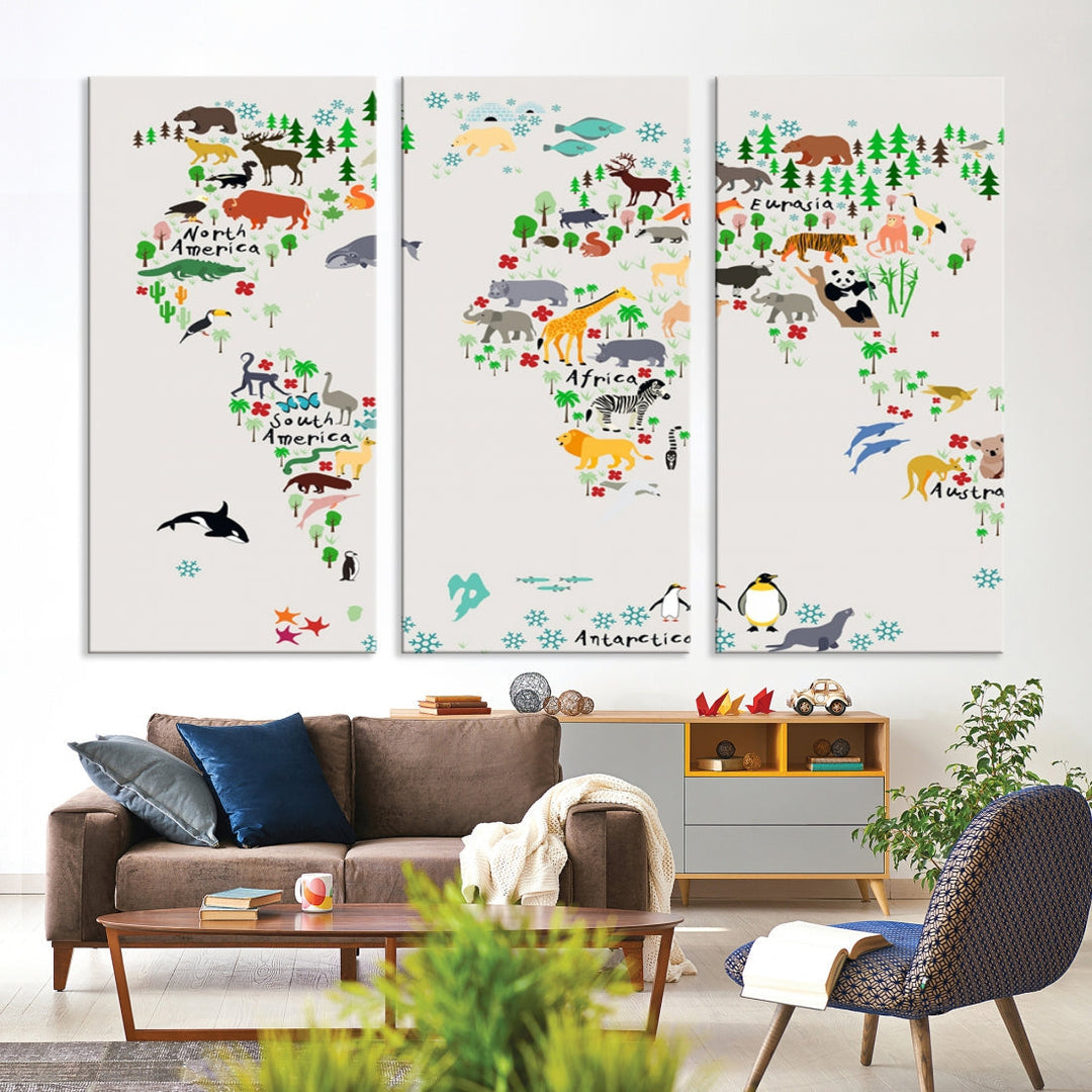 Educational Animal World Map Canvas Print Large Wall Art Giclee Printing for Kids Room Decor