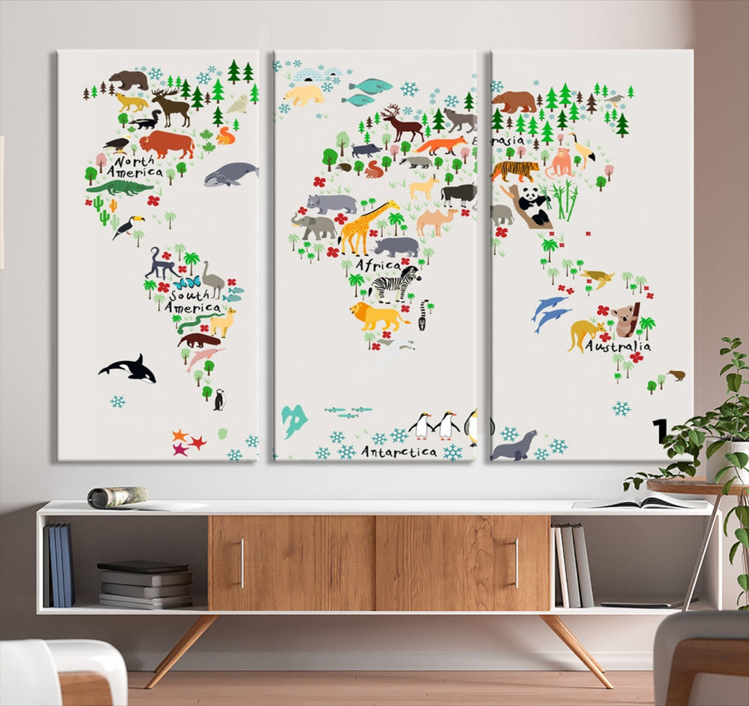 Educational Animal World Map Canvas Print Large Wall Art Giclee Printing for Kids Room Decor