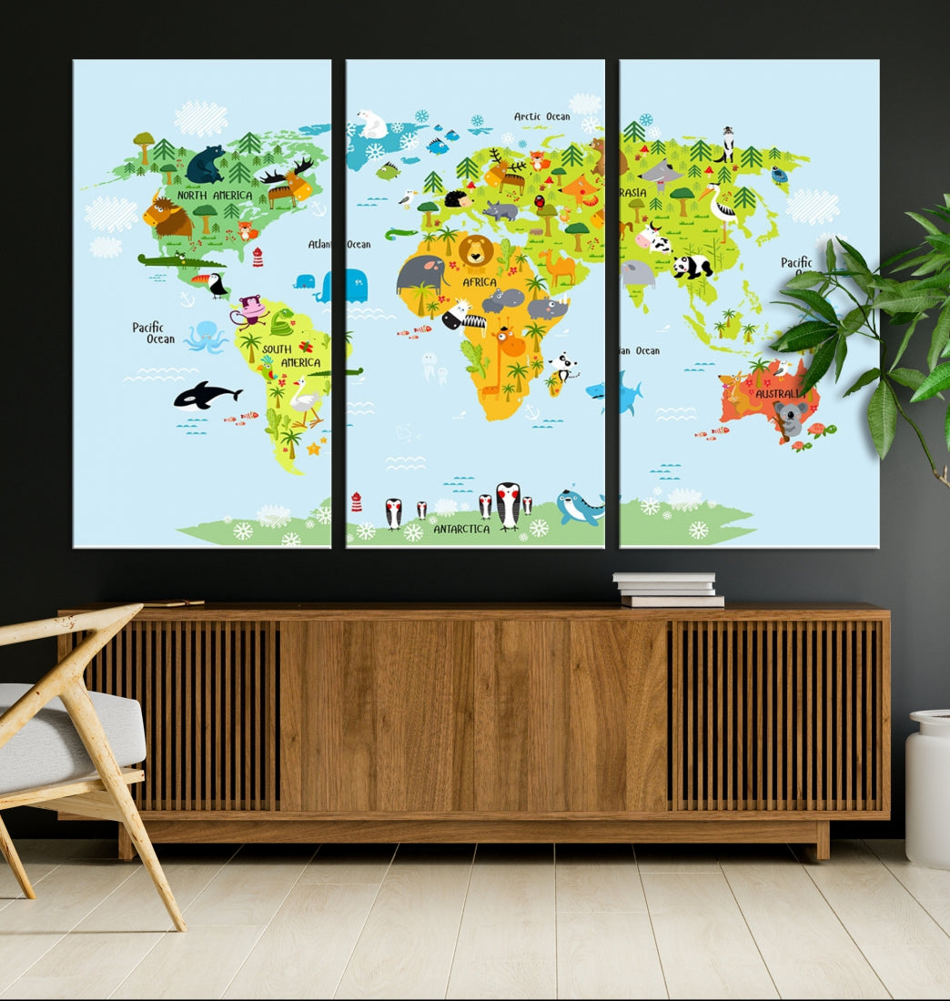 Educational Wall Art World Map Canvas Print Animal Wall Decor Ready to Hang