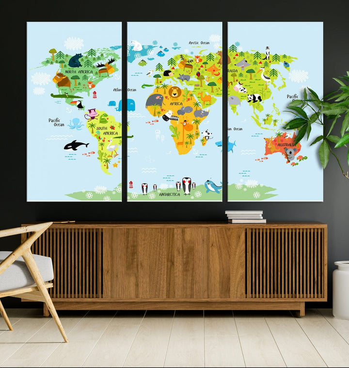 Educational Wall Art World Map Canvas Print Animal Wall Decor Ready to Hang