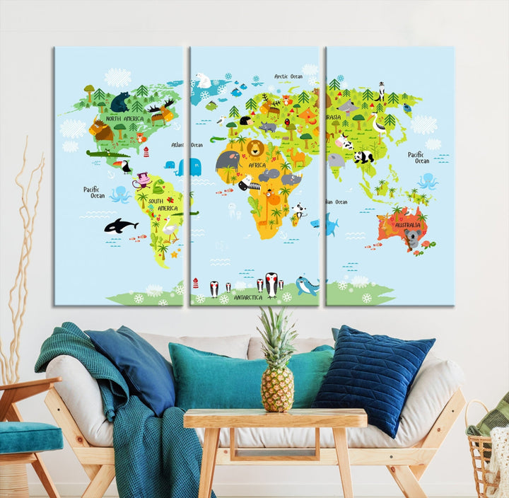 Educational Wall Art World Map Canvas Print Animal Wall Decor Ready to Hang