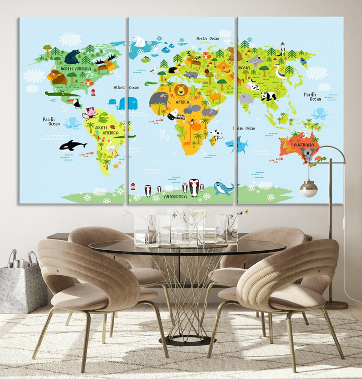 Educational Wall Art World Map Canvas Print Animal Wall Decor Ready to Hang