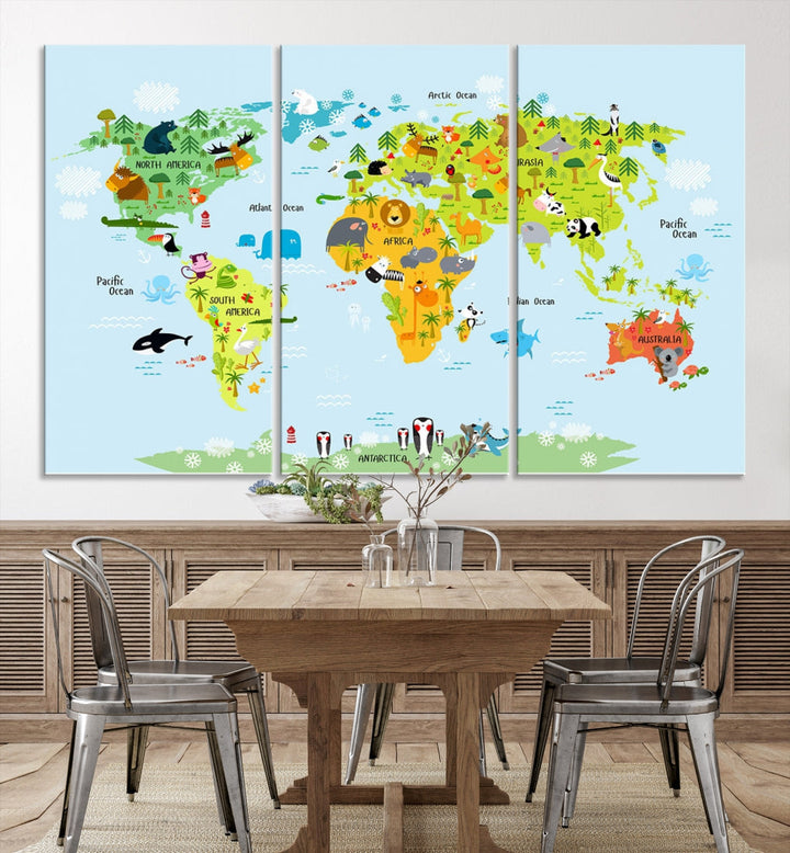 Educational Wall Art World Map Canvas Print Animal Wall Decor Ready to Hang