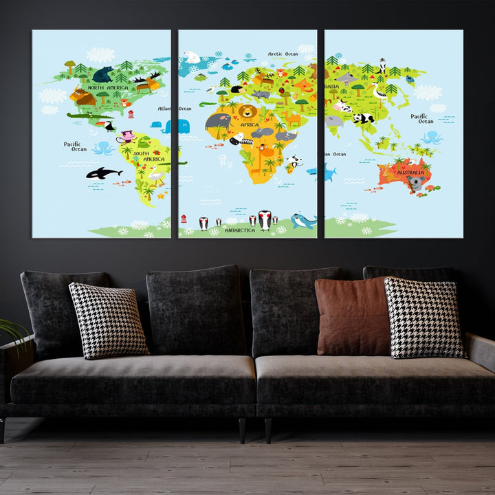 Educational Wall Art World Map Canvas Print Animal Wall Decor Ready to Hang