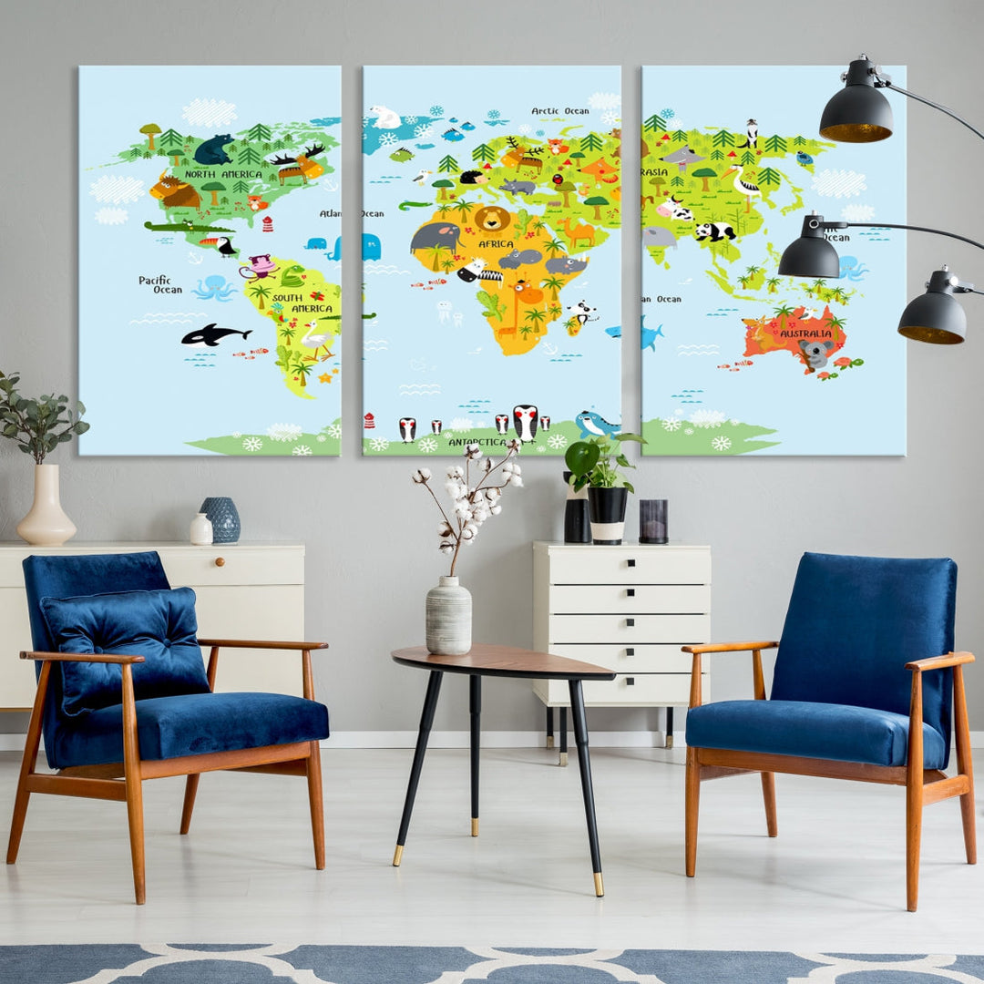 Educational Wall Art World Map Canvas Print Animal Wall Decor Ready to Hang