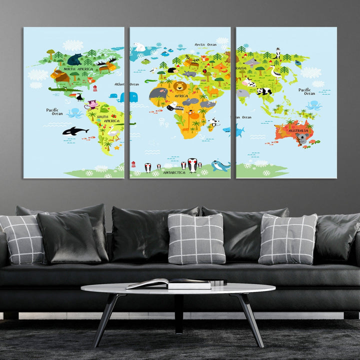 Educational Wall Art World Map Canvas Print Animal Wall Decor Ready to Hang