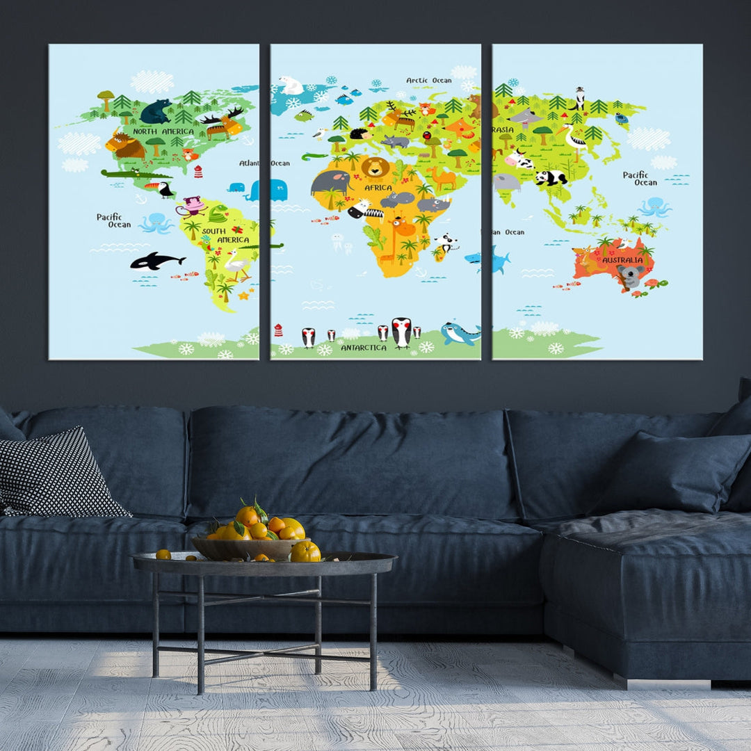 Educational Wall Art World Map Canvas Print Animal Wall Decor Ready to Hang