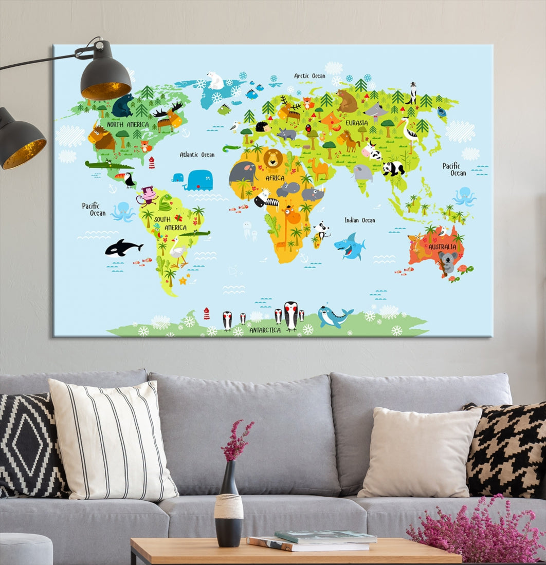 Educational Wall Art World Map Canvas Print Animal Wall Decor Ready to Hang