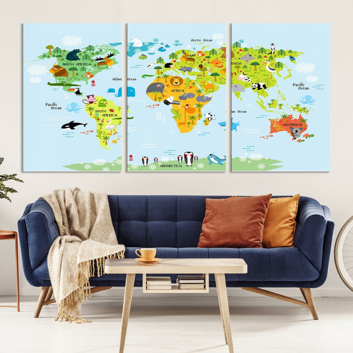 Educational Wall Art World Map Canvas Print Animal Wall Decor Ready to Hang