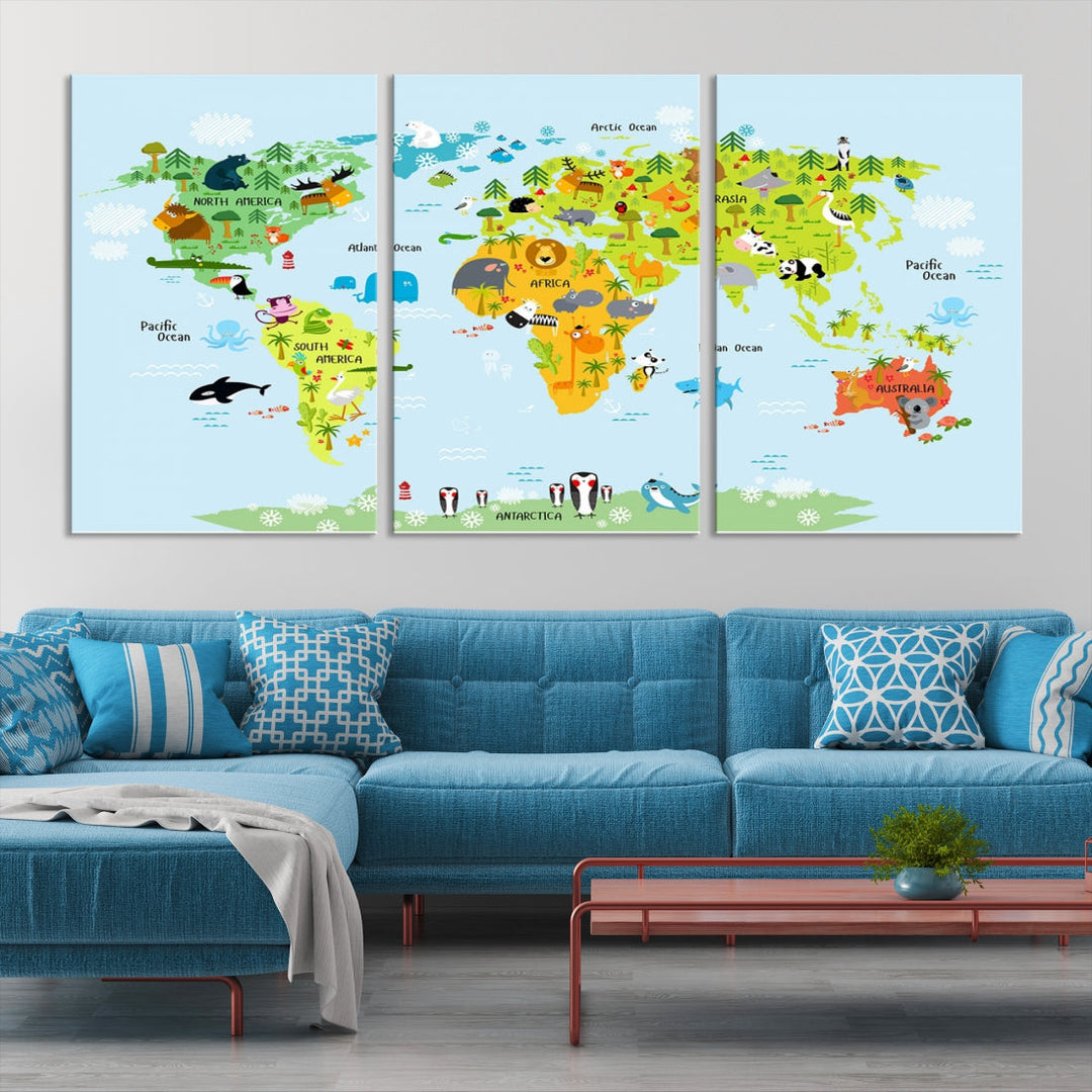 Educational Wall Art World Map Canvas Print Animal Wall Decor Ready to Hang