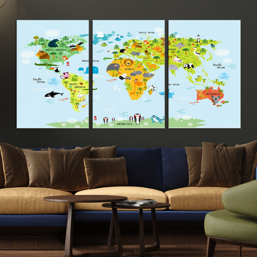 Educational Wall Art World Map Canvas Print Animal Wall Decor Ready to Hang