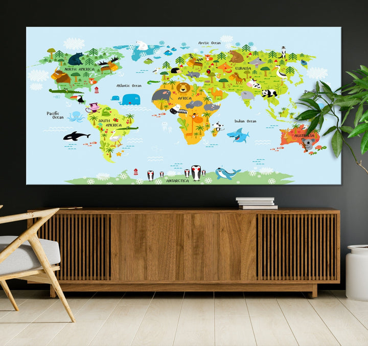 Educational Wall Art World Map Canvas Print Animal Wall Decor Ready to Hang