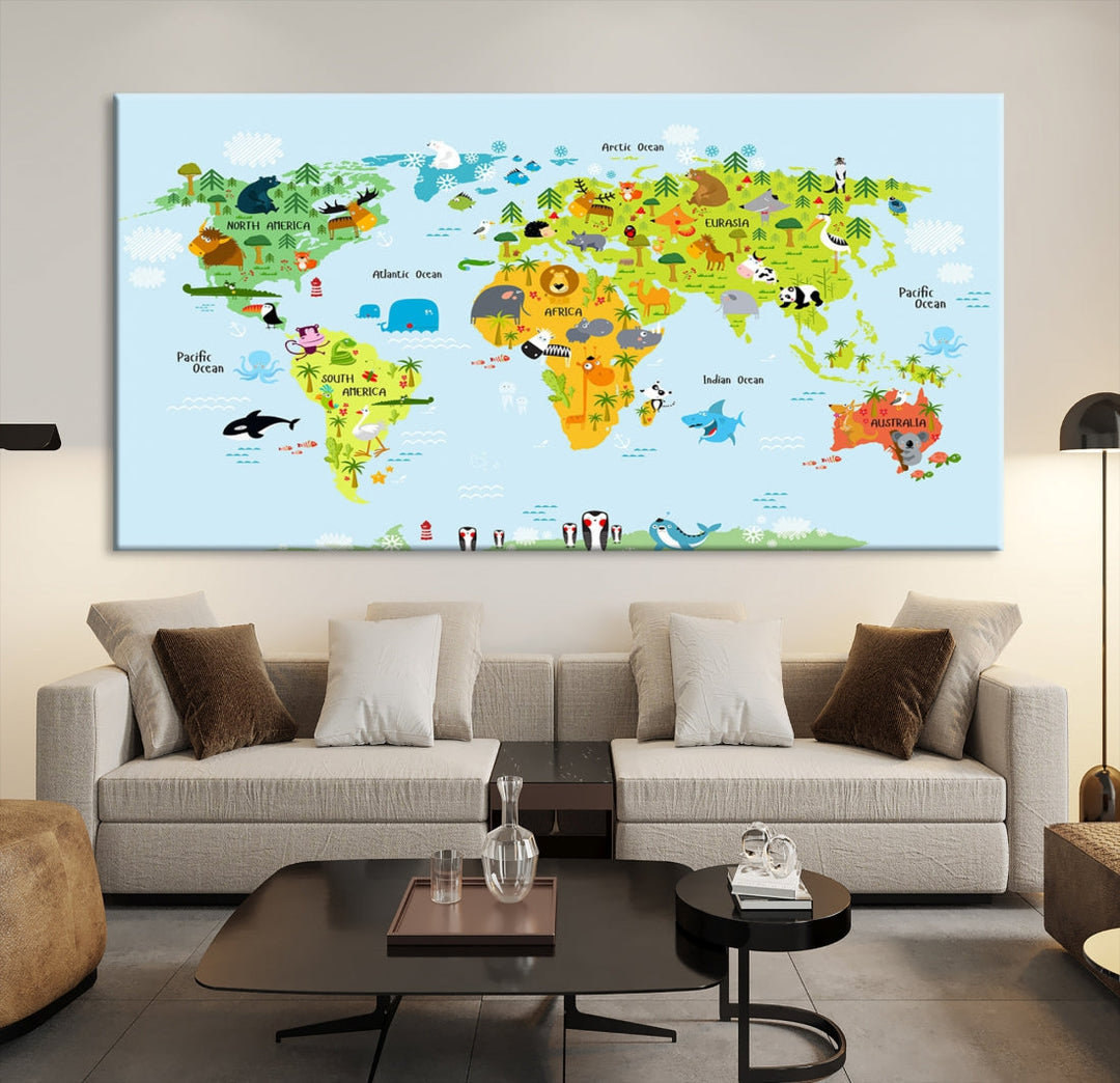 Educational Wall Art World Map Canvas Print Animal Wall Decor Ready to Hang