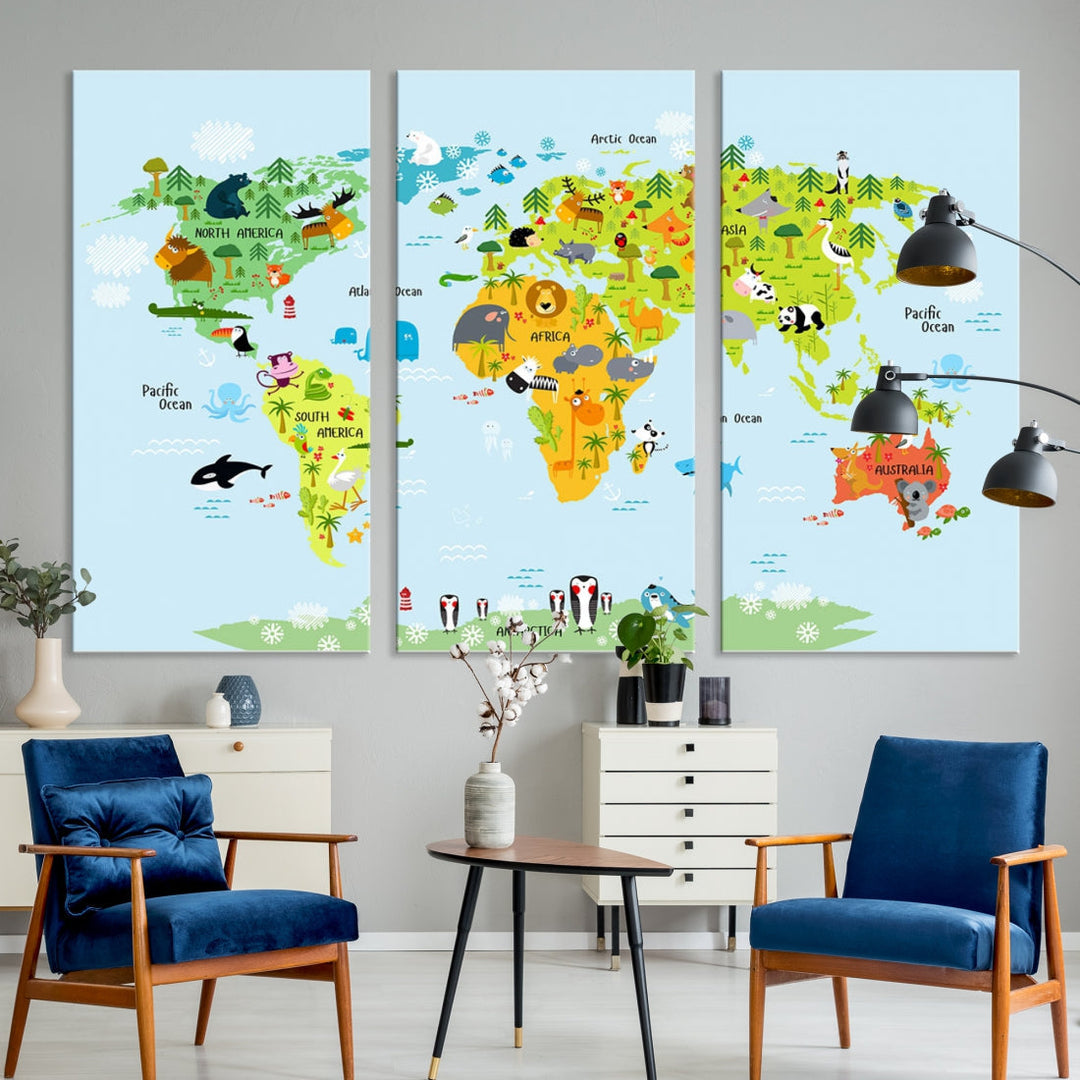 Educational Wall Art World Map Canvas Print Animal Wall Decor Ready to Hang