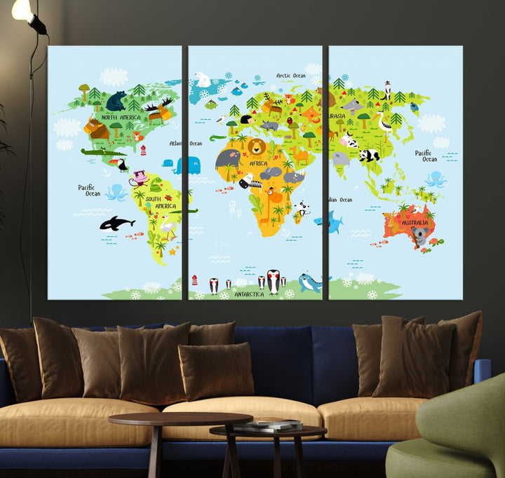 Educational Wall Art World Map Canvas Print Animal Wall Decor Ready to Hang