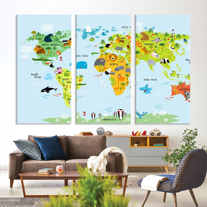 Educational Wall Art World Map Canvas Print Animal Wall Decor Ready to Hang