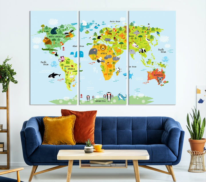 Educational Wall Art World Map Canvas Print Animal Wall Decor Ready to Hang