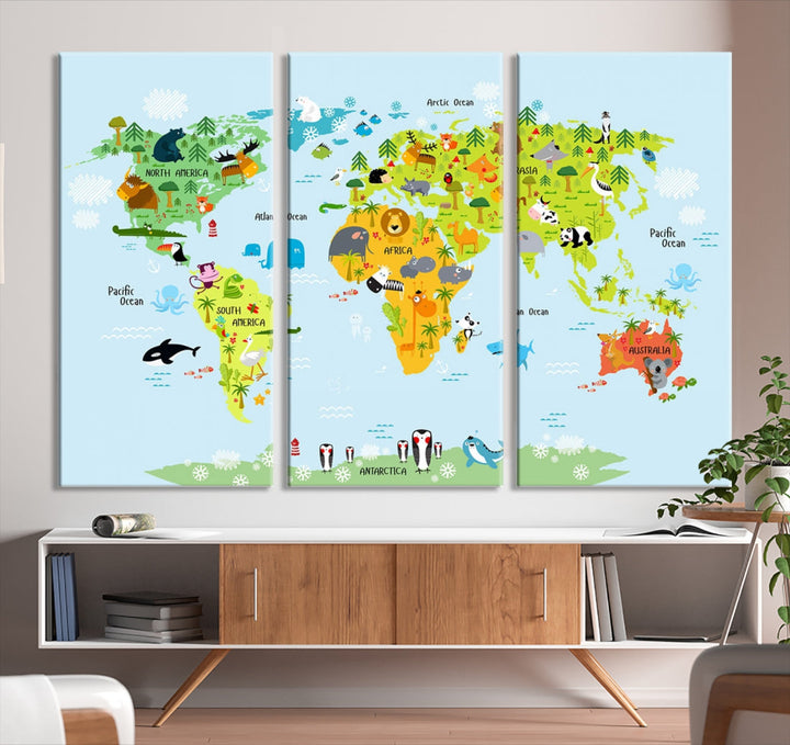 Educational Wall Art World Map Canvas Print Animal Wall Decor Ready to Hang