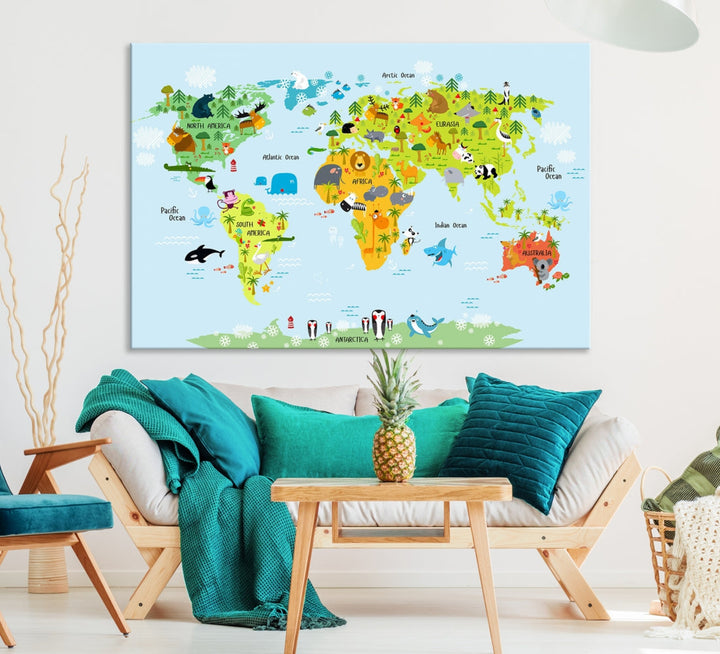 Educational Wall Art World Map Canvas Print Animal Wall Decor Ready to Hang