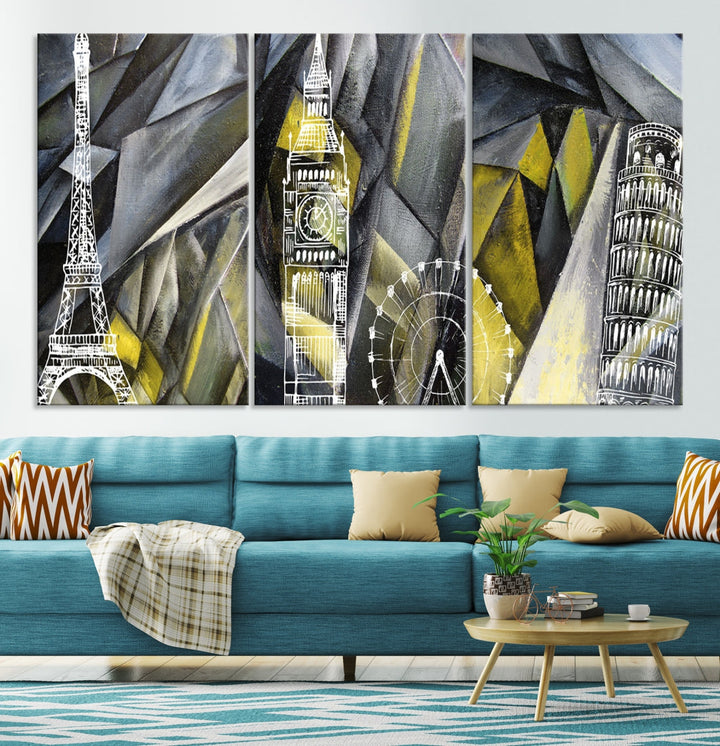 Eiffel Tower Big Ben and Pisa Tower Extra Large Landmarks Canvas Wall Art Print