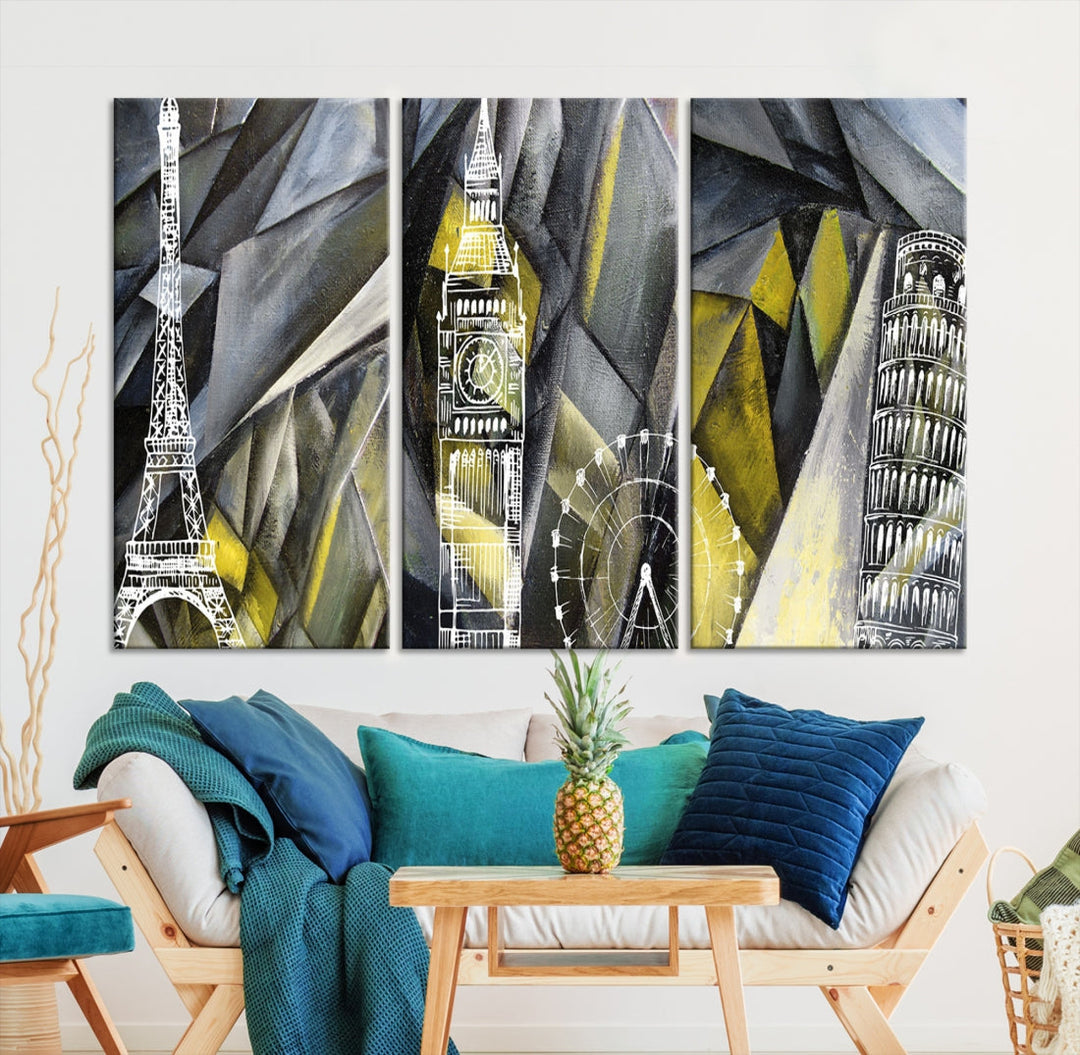 Eiffel Tower Big Ben and Pisa Tower Extra Large Landmarks Canvas Wall Art Print