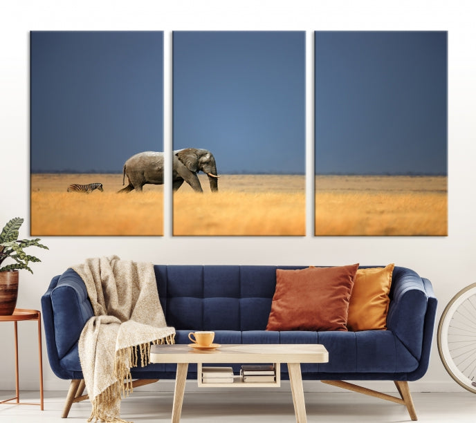 Elephant and Zebra Africa Savannah Canvas Print Large Wall Art Giclee Printing