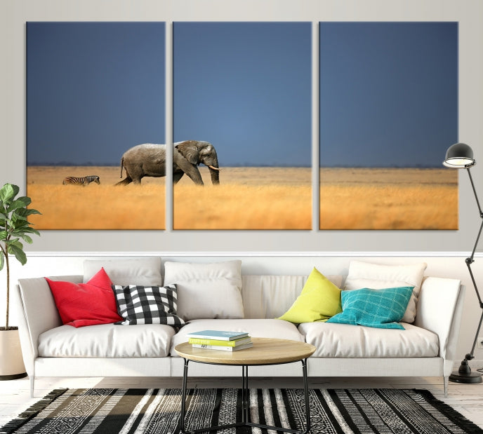 Elephant and Zebra Africa Savannah Canvas Print Large Wall Art Giclee Printing