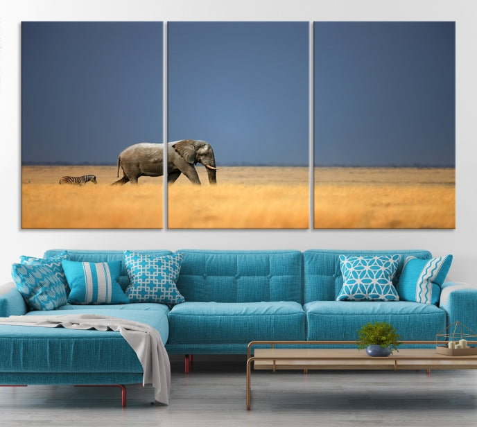 Elephant and Zebra Africa Savannah Canvas Print Large Wall Art Giclee Printing