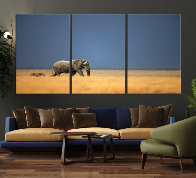 Elephant and Zebra Africa Savannah Canvas Print Large Wall Art Giclee Printing