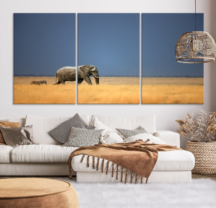 Elephant and Zebra Africa Savannah Canvas Print Large Wall Art Giclee Printing