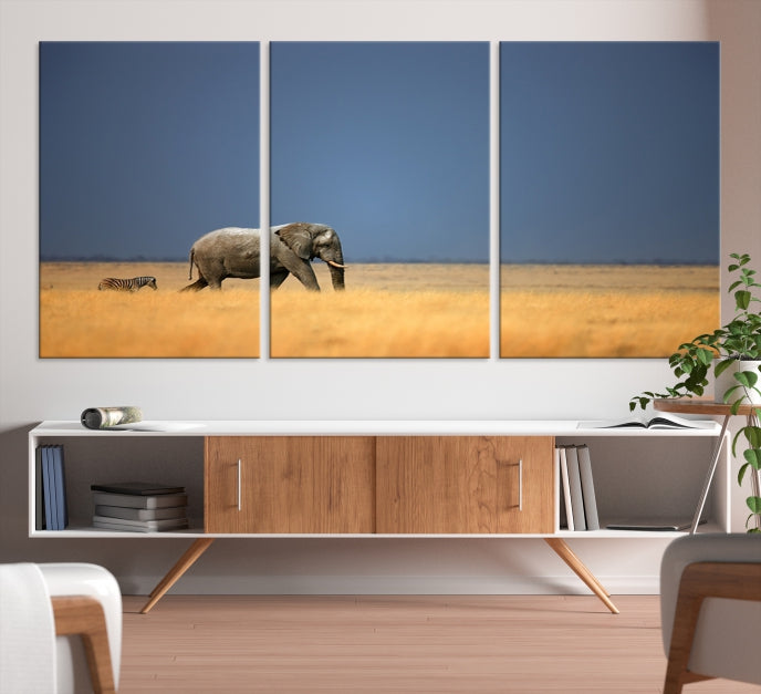 Elephant and Zebra Africa Savannah Canvas Print Large Wall Art Giclee Printing