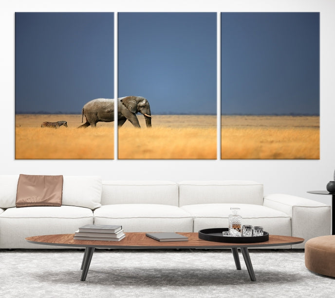 Elephant and Zebra Africa Savannah Canvas Print Large Wall Art Giclee Printing