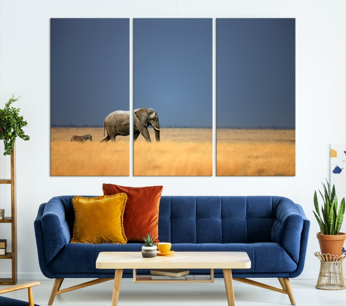 Elephant and Zebra Africa Savannah Canvas Print Large Wall Art Giclee Printing