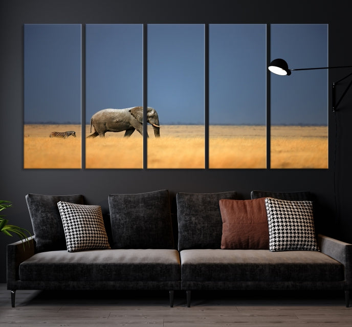 Elephant and Zebra Africa Savannah Canvas Print Large Wall Art Giclee Printing