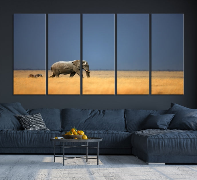 Elephant and Zebra Africa Savannah Canvas Print Large Wall Art Giclee Printing