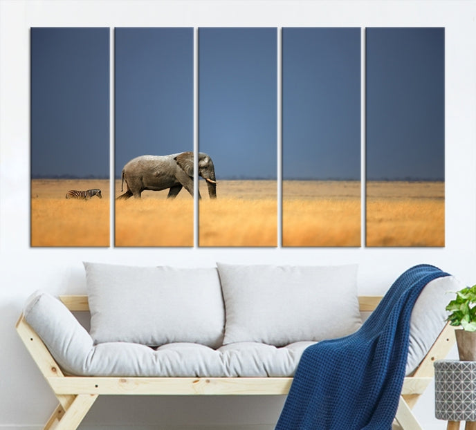 Elephant and Zebra Africa Savannah Canvas Print Large Wall Art Giclee Printing