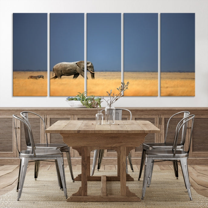 Elephant and Zebra Africa Savannah Canvas Print Large Wall Art Giclee Printing