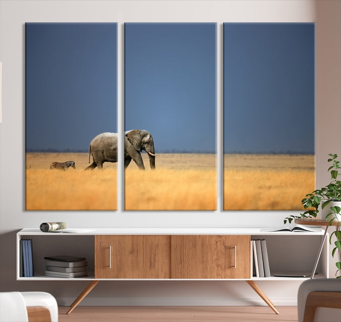 Elephant and Zebra Africa Savannah Canvas Print Large Wall Art Giclee Printing