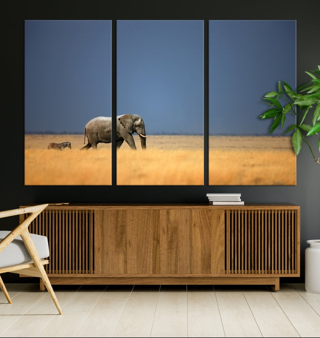 Elephant and Zebra Africa Savannah Canvas Print Large Wall Art Giclee Printing