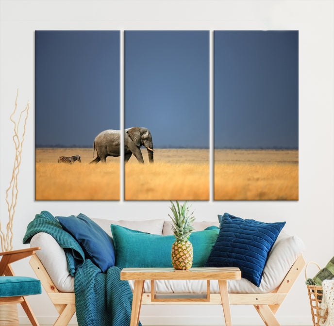 Elephant and Zebra Africa Savannah Canvas Print Large Wall Art Giclee Printing