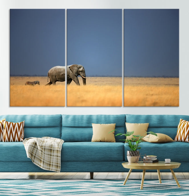 Elephant and Zebra Africa Savannah Canvas Print Large Wall Art Giclee Printing