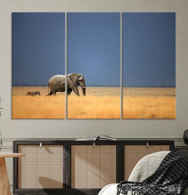 Elephant and Zebra Africa Savannah Canvas Print Large Wall Art Giclee Printing