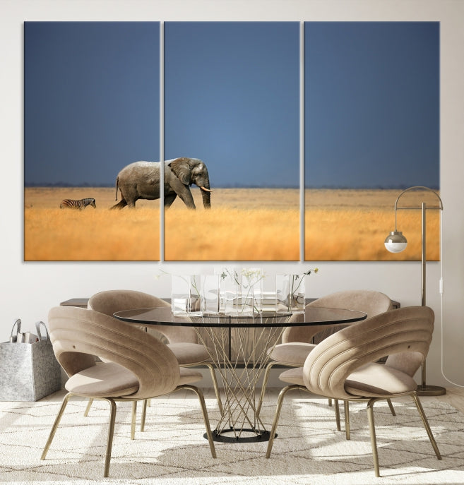 Elephant and Zebra Africa Savannah Canvas Print Large Wall Art Giclee Printing