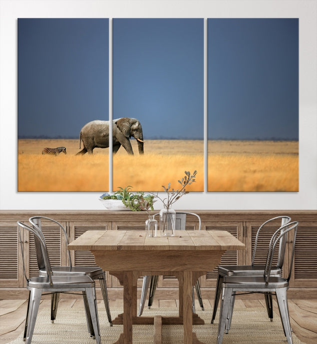 Elephant and Zebra Africa Savannah Canvas Print Large Wall Art Giclee Printing